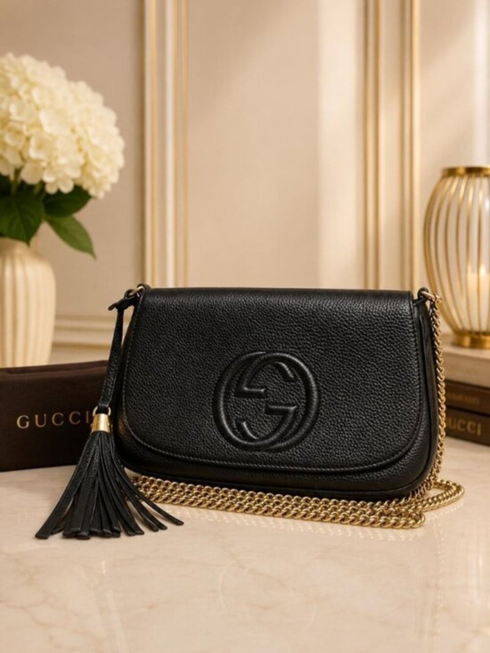 Authentic Gucci Soho Disco Black Leather Chain Crossbody Bag